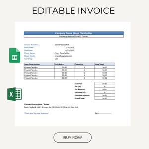Printable Invoice Template,MS Excel and Google sheet, Small Business Spreadsheet, Editable Business Invoice, Modern and Professional Invoice