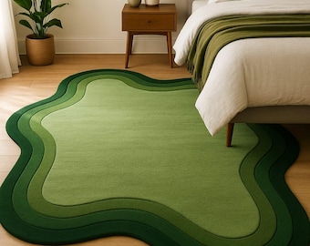 Alfombra ondulada verde tejida a mano – Alfombra de lana abstracta moderna