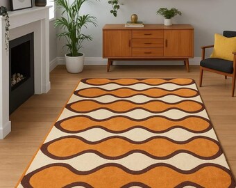Retro Orange Wavy Wool Rug | Mid Century Modern 70s Decor