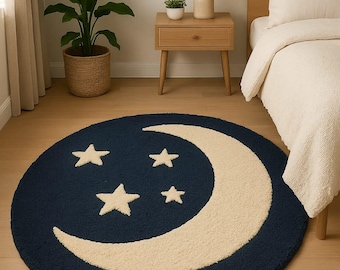 Handmade Wool Moon and Stars Rug | Navy Celestial Nursery Carpet
