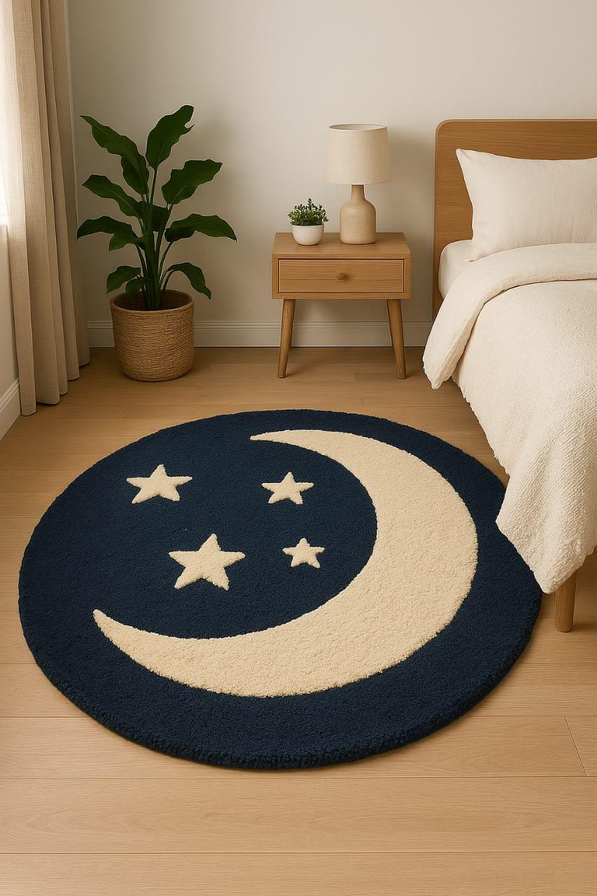 Small Star Rug Hand Tufted Wool Moon Stars Rug, Navy Celestial Nursery Carpet, Round ...