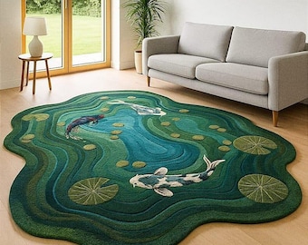 Hand-Tufted Wool Koi Fish Pond Rug, Organic Green Carpet
