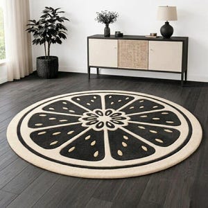 Black and White Citrus Slice Round Rug, Geometric Floral Carpet, Scandinavian Style Home Decor
