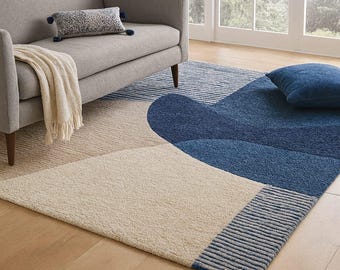 Hand-Tufted Abstract Area Rug | Blue & White Geometric Carpet