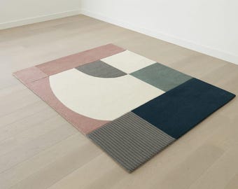 Hand Tufted Geometric Area Rug, Abstract Color Block, Custom Size