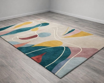 Alfombra de lana tejida a mano, alfombra geométrica abstracta contemporánea