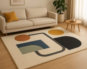 Handgetuft wollen vloerkleed | Minimalistisch tapijt met geometrisch gebied