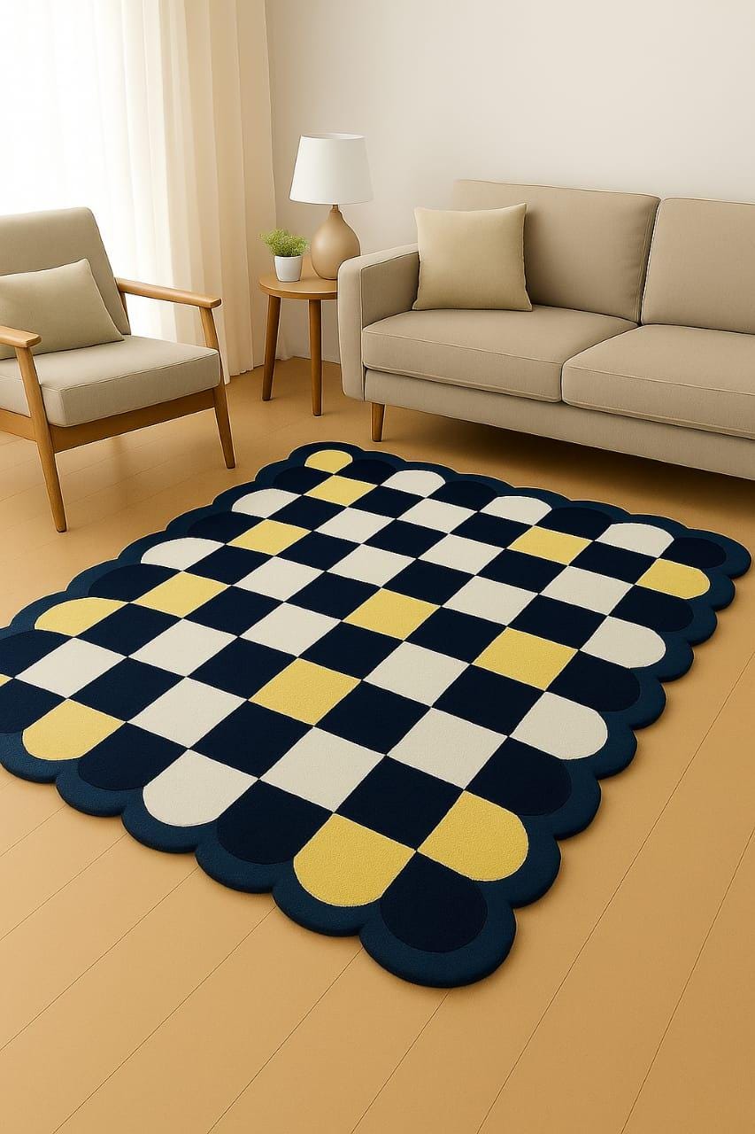 Sao Rug Hand Tufted Wool Rug, Scalloped Checkerboard Design, Modern Home Decor ...