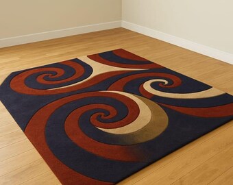 Tappeto in lana annodato a mano, motivo a vortice blu navy e ruggine, arredamento moderno