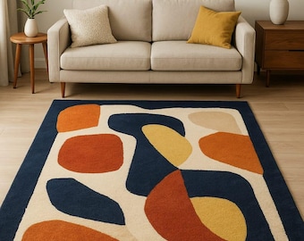 Modern Abstract Hand-Tufted Wool Rug, Geometric Navy, Orange & Mustard