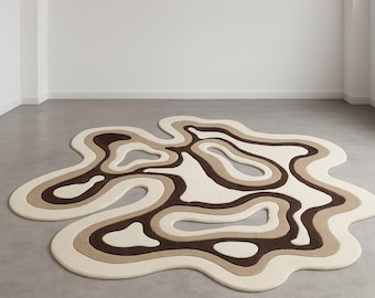 Hand Tufted Wool Rug | Brown Beige Wavy Organic Shape