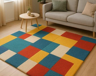 Hand Tufted Wool Checkered Rug, Modern Geometric Color Block Design