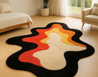Hand Tufted Wool Area Rug: Modern Abstract Wavy Carpet