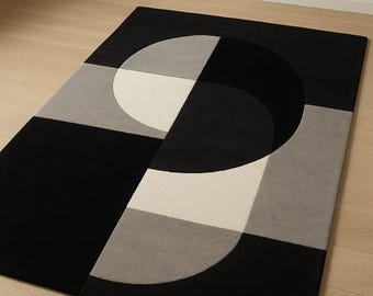 Hand Tufted Wool Rug | Black, White & Grey Geometric Design