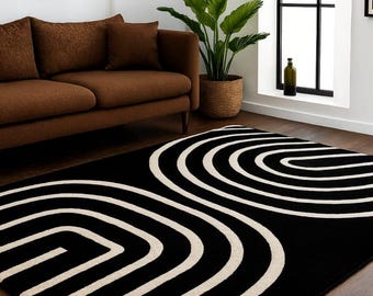 Hand getufteter Wollteppich | Moderner Geometrischer Schwarz-Weiß-Teppich