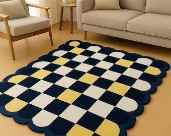 Hand Tufted Wool Rug, Scalloped Checkerboard Design, Modern Home Decor