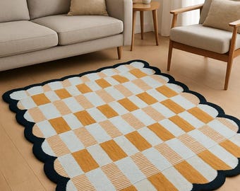Checkerboard Tufted Rug, Scalloped Edge Cotton, Yellow and White Checkered Rug