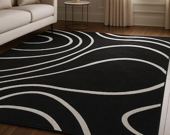 Hand Tufted Black and White Abstract Wave Area Rug