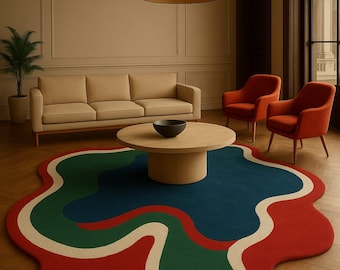 Hand Tufted Wool Rug, Abstract Wavy Design, Red Blue Green, Irregular Shape Floor Covering