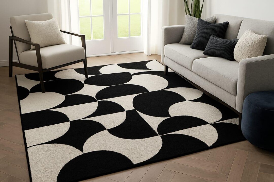 Hand Tufted Wool Rug | Mid-century Modern Black & White Circle Pattern ...