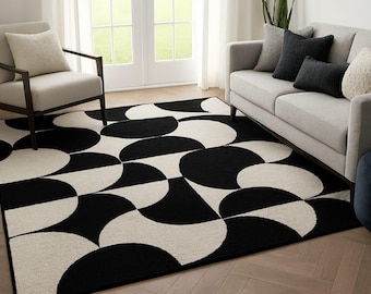 Hand getufteter Wollteppich | Mid-Century Modern Schwarz & Weißes Kreismuster