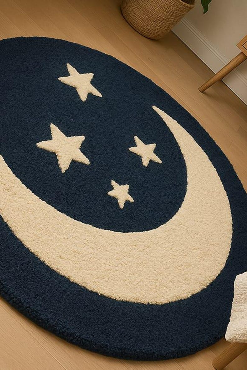 Hand Tufted Wool Moon Stars Rug, Navy Celestial Nursery Carpet, Round ...