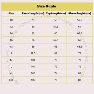 May include: A size guide chart with measurements in centimeters for pants, top, and sleeve lengths. Sizes range from 10 to XXL, with corresponding measurements for each size. The chart is on a yellow background.