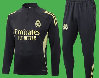 Tenue de football pour enfants et adultes - Édition spéciale demi-fermeture éclair en or noir Real Madrid