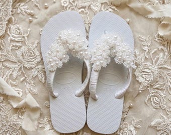 Embroidered Pearl Flip Flops | Handmade Bridal Beach Wedding Sandals