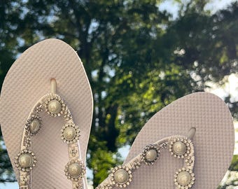 Handmade Pearl Bridal Flip Flops | Beach Wedding Sandals, Boho Party Shoes