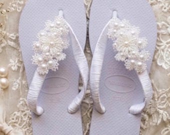 Embroidered Pearl Flip Flops | Handmade Bridal Beach Wedding Sandals