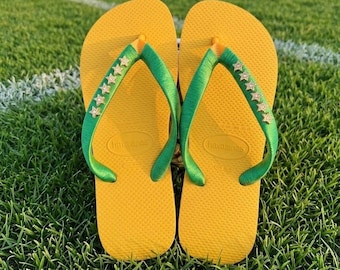 Handmade Embellished Havaianas Flip Flops • Brazil World Cup 2026, Green Yellow Stars