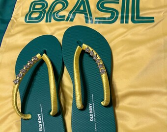 Mom and Son • Embellished Flip Flops  • 2026 World Soccer Cup •Team Colors • Brazil • Budget Friendly