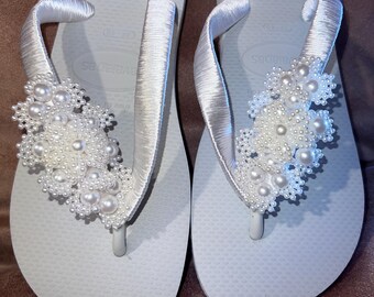 Embroidered Pearl Flip Flops | Handmade Bridal Beach Wedding Sandals