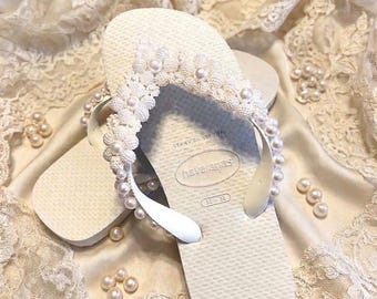 Handmade Pearl Bridal Flip Flops | Beach Wedding Sandals, Boho Party Shoes