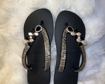 Handmade Beaded Flip Flops | Rhinestone Beach Sandals | Boho Party Shoes