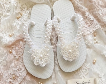 Embroidered Pearl Flip Flops | Handmade Bridal Beach Wedding Sandals