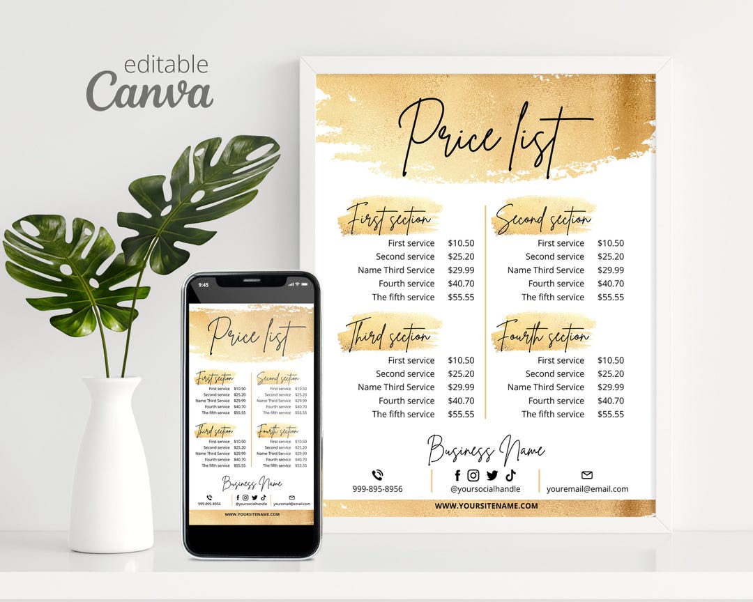 Golden Price List Template Sign for Small Business, Price Sheet for ...