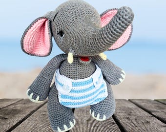 Crochet Elephant Amigurumi: Handmade Cotton Toy with Removable Diaper
