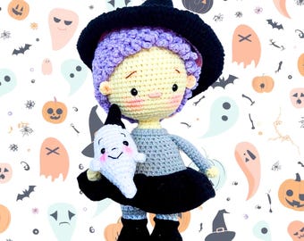 Handmade Crochet Witch Doll with Ghost, Removable Hat, Halloween Decor