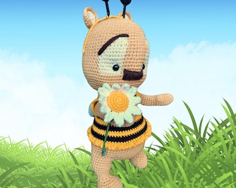 Handmade Crochet Bee Doll with Daisy - Amigurumi Toy on Wire Frame