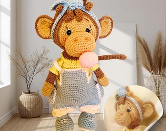 Handmade Crochet Monkey Toy – 11.8 inch (30 cm) Amigurumi Plush, Removable Overalls and Headband