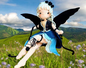 Large Handmade Crochet Doll, OOak Creation with Black Wings, Collectible Gift