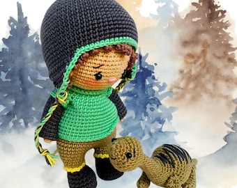 Crochet Doll with Dinosaur – Handmade Amigurumi Toy Gift 7.9 inch