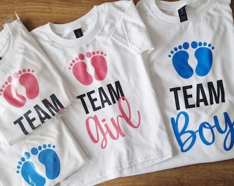 T-shirt med könsavslöjande motiv för pojke eller flickor i herr-, dam- och barnstorlekar