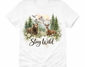 T-shirt med hjortmotiv, naturälskare, björnhjort, bergsgrafik, vandrings-camping, äventyrs- och vilddjursgåva