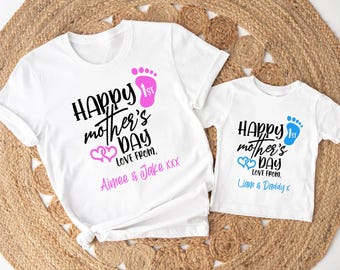 Happy 1st Mothers Day Personalised Matching T-shirt Set in Ladies,Mens & Kids Sizes