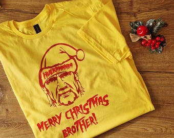 Hulk Hogan Hulkamania "Merry Christmas Brother" T-shirt in Mens, Ladies and Kids Sizes
