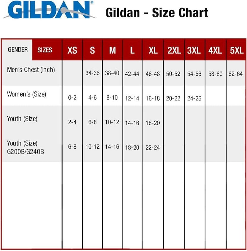 K&ouml;nnte beinhalten: Gildan Gr&ouml;&szlig;entabelle mit Ma&szlig;en in Zentimetern. Die Tabelle enth&auml;lt Gr&ouml;&szlig;en f&uuml;r die Brust von M&auml;nnern, Damengr&ouml;&szlig;en und Jugendgr&ouml;&szlig;en. Die Gr&ouml;&szlig;en reichen von XS bis 5XL, mit Brustma&szlig;en von 86-163 cm.