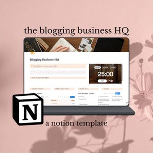 May include: A laptop displaying a Notion template for blogging, with the text "the blogging business HQ" at the top. The screen shows a planner and SEO keyword tracker. A black and white "N" logo is in the lower left corner. The text "a notion template" is at the bottom.